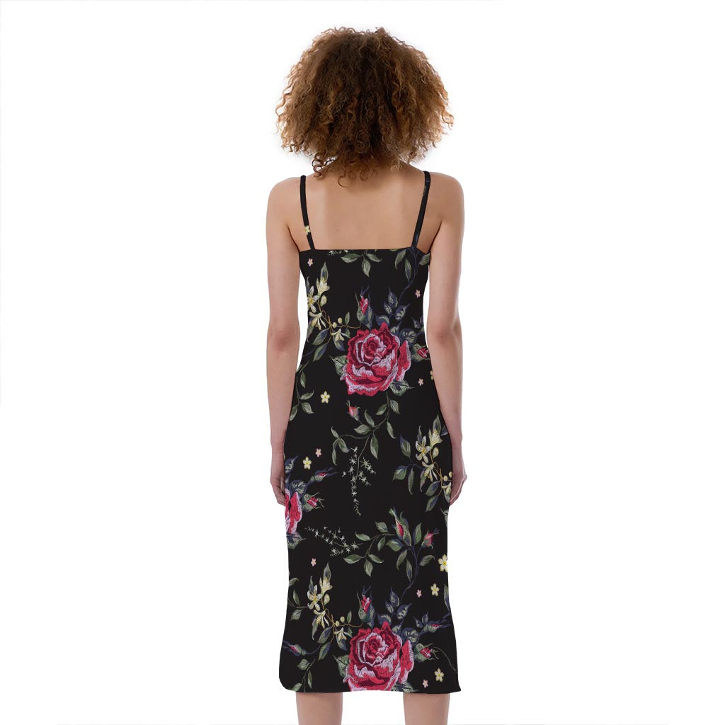 Red Rose Floral Pattern Print Slim Fit Midi Cami Dress