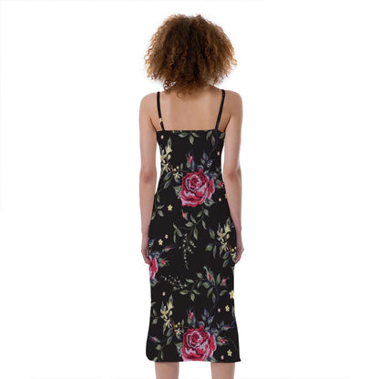 Red Rose Floral Pattern Print Slim Fit Midi Cami Dress