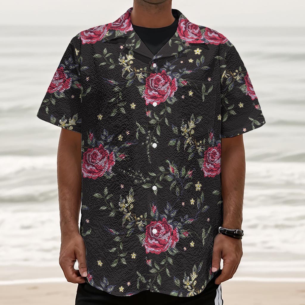 Red Rose Floral Pattern Print Textured Short Sleeve Shirt