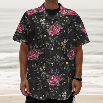 Red Rose Floral Pattern Print Textured Short Sleeve Shirt
