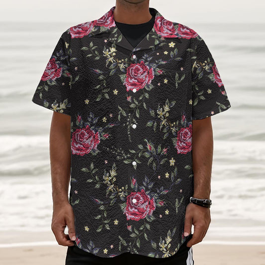 Red Rose Floral Pattern Print Textured Short Sleeve Shirt