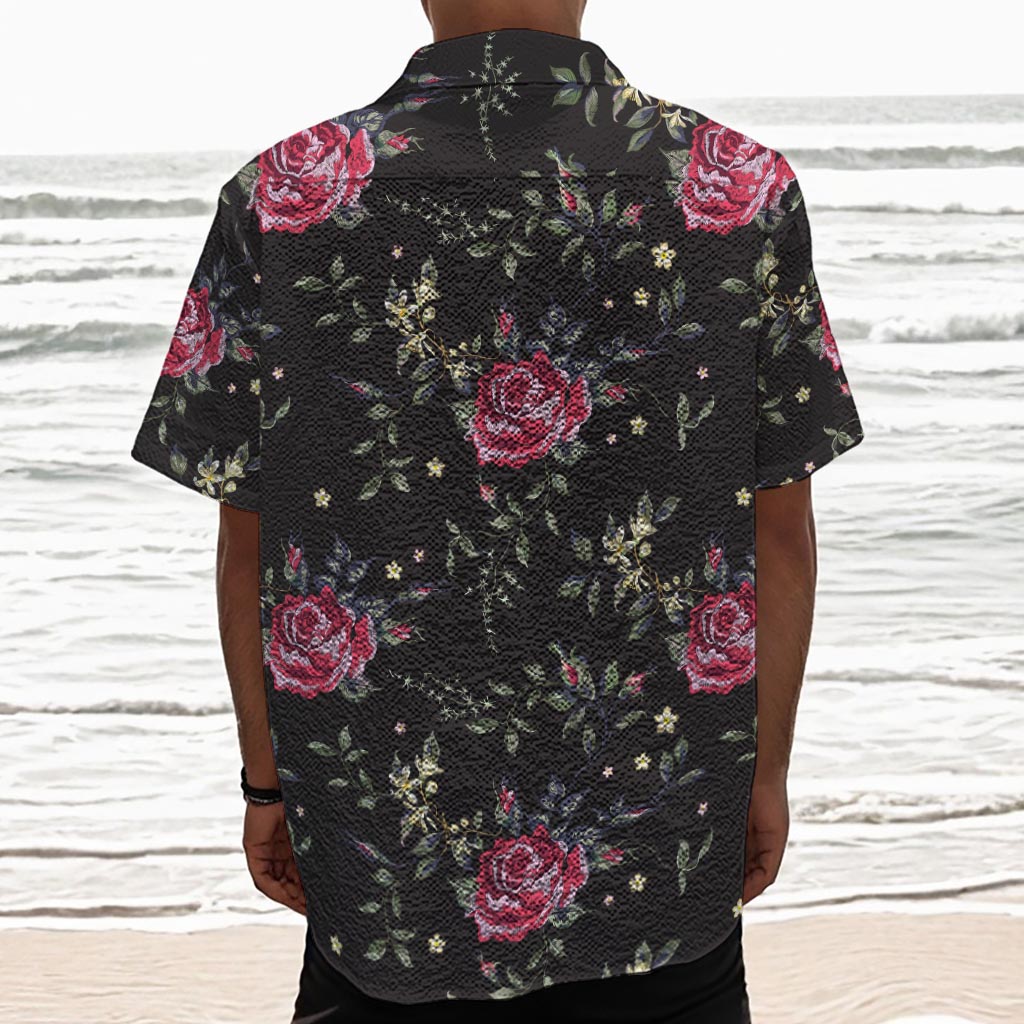 Red Rose Floral Pattern Print Textured Short Sleeve Shirt