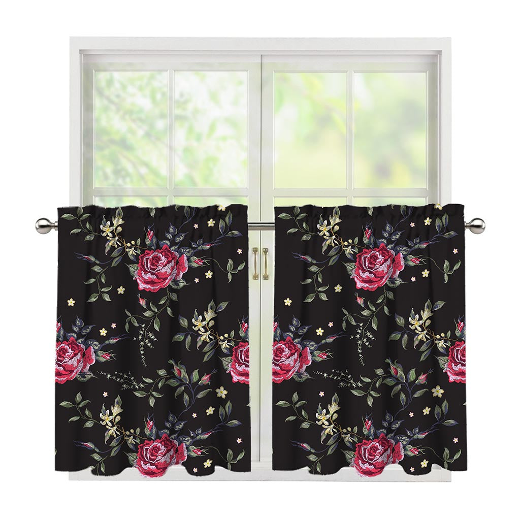 Red Rose Floral Pattern Print Tier Curtains
