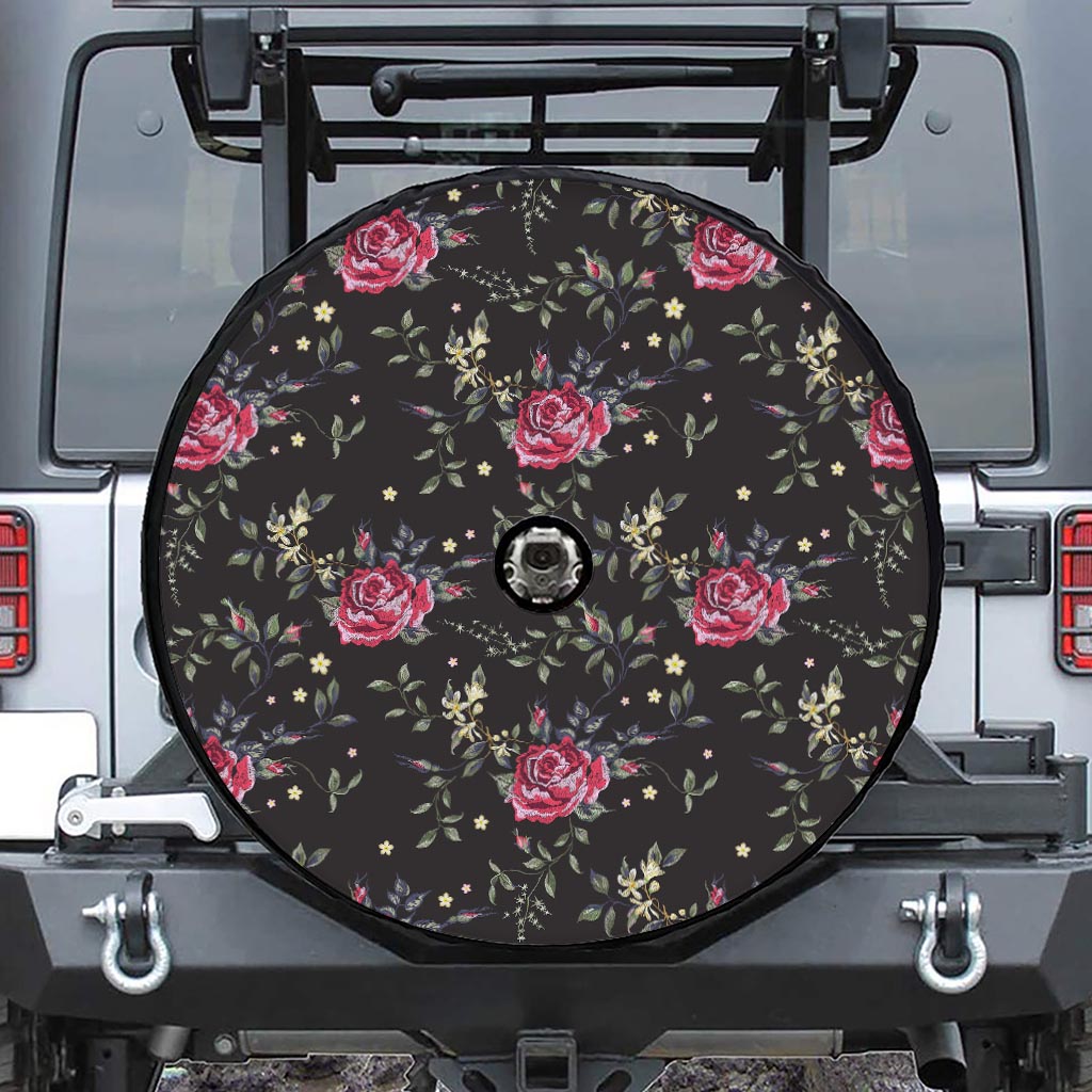 Red Rose Floral Pattern Print Tire Cover With Camera Hole
