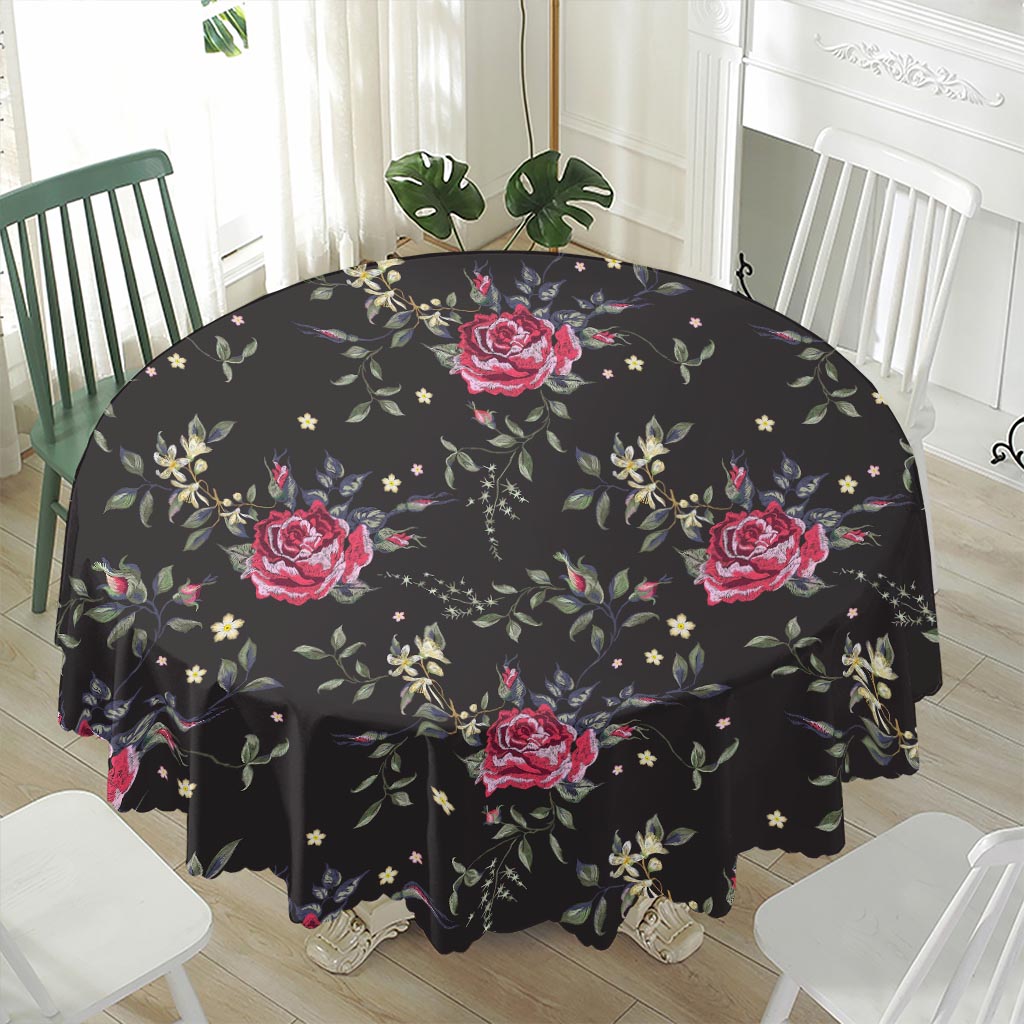 Red Rose Floral Pattern Print Waterproof Round Tablecloth