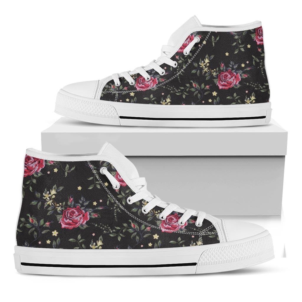 Red Rose Floral Pattern Print White High Top Sneakers