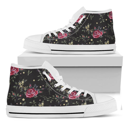 Red Rose Floral Pattern Print White High Top Sneakers