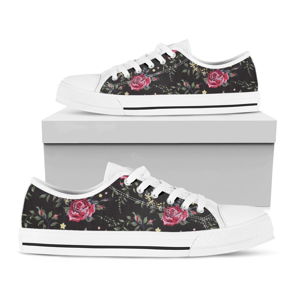 Red Rose Floral Pattern Print White Low Top Sneakers