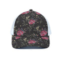 Red Rose Floral Pattern Print White Mesh Trucker Hat