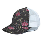 Red Rose Floral Pattern Print White Mesh Trucker Cap