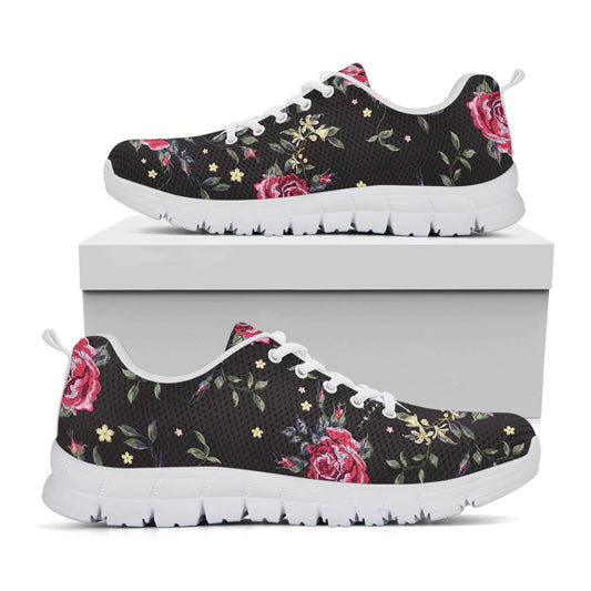 Red Rose Floral Pattern Print White Running Shoes