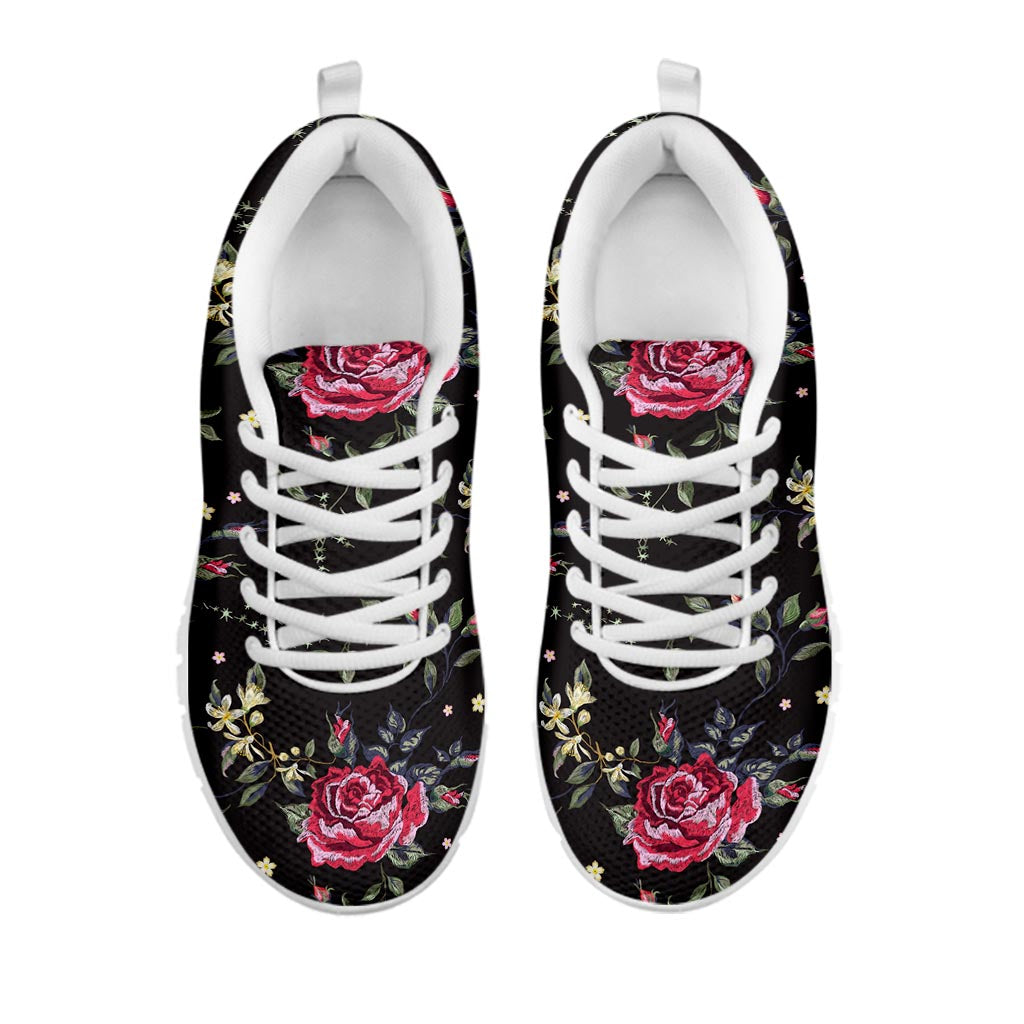 Red Rose Floral Pattern Print White Running Shoes