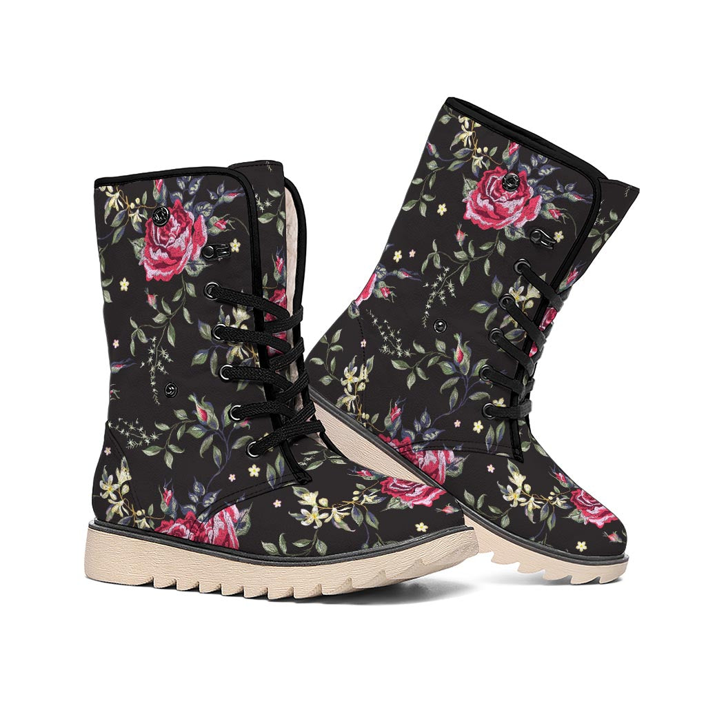 Red Rose Floral Pattern Print Winter Boots