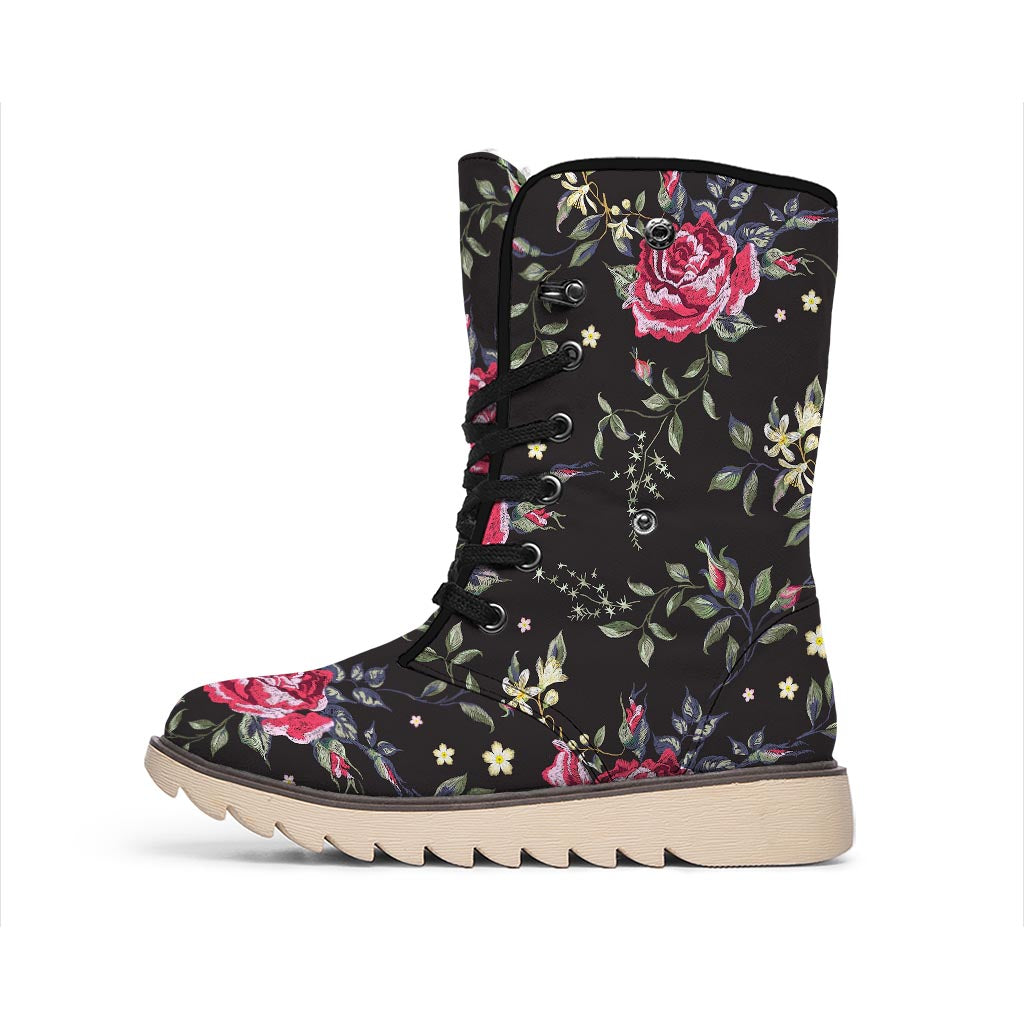 Red Rose Floral Pattern Print Winter Boots