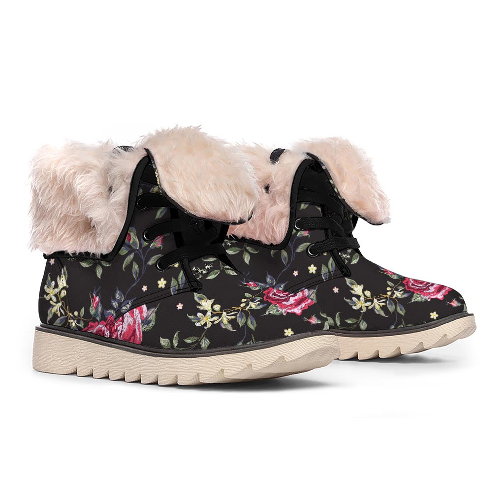 Red Rose Floral Pattern Print Winter Boots