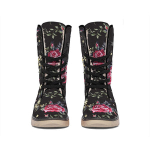 Red Rose Floral Pattern Print Winter Boots