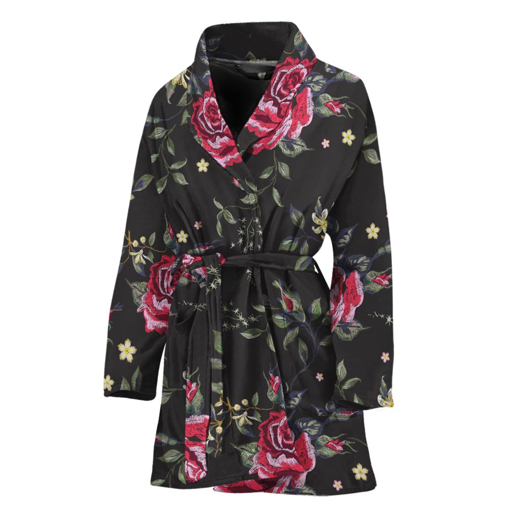 Red Rose Floral Pattern Print Women's Bathrobe