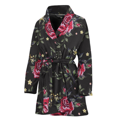Red Rose Floral Pattern Print Women's Bathrobe