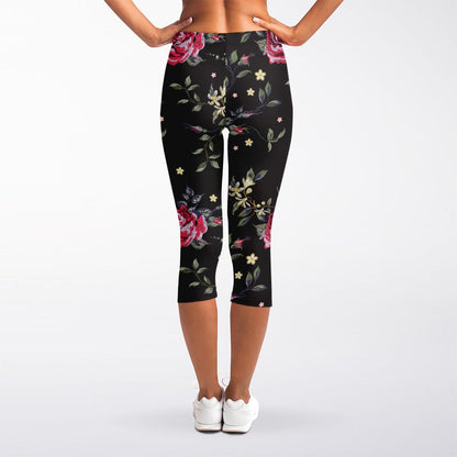Red Rose Floral Pattern Print Women's Capri Leggings
