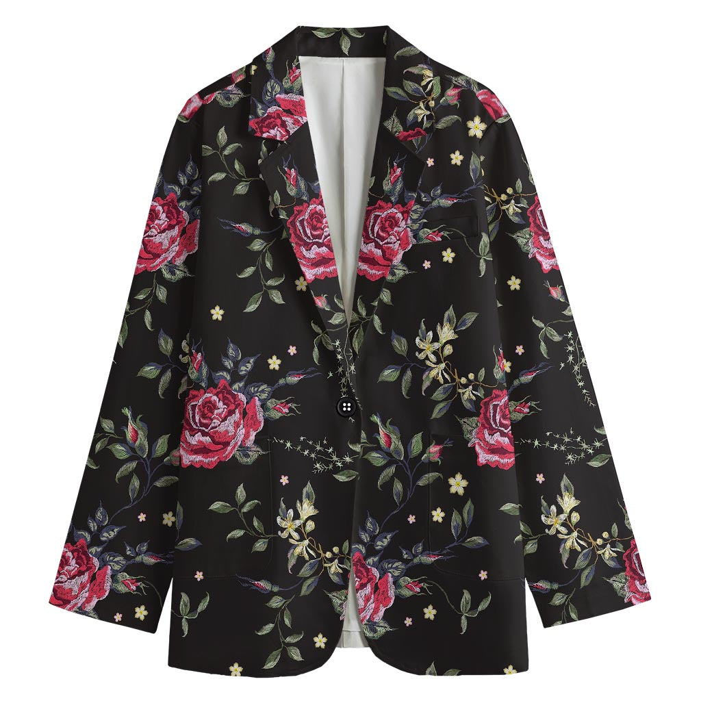 Red Rose Floral Pattern Print Women's Cotton Blazer