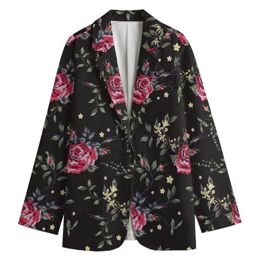 Red Rose Floral Pattern Print Women's Cotton Blazer