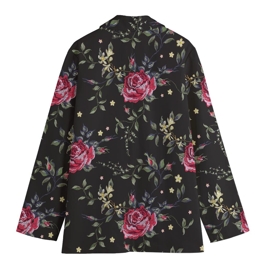 Red Rose Floral Pattern Print Women's Cotton Blazer