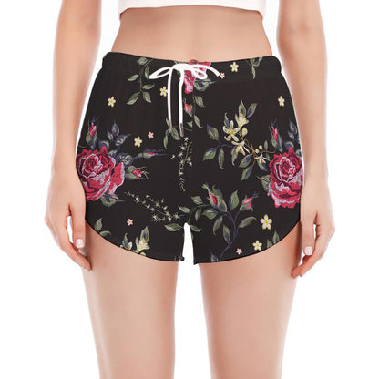 Red Rose Floral Pattern Print Women's Split Running Shorts