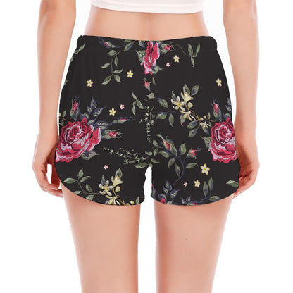 Red Rose Floral Pattern Print Women's Split Running Shorts