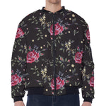 Red Rose Floral Pattern Print Zip Sleeve Bomber Jacket