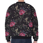 Red Rose Floral Pattern Print Zip Sleeve Bomber Jacket
