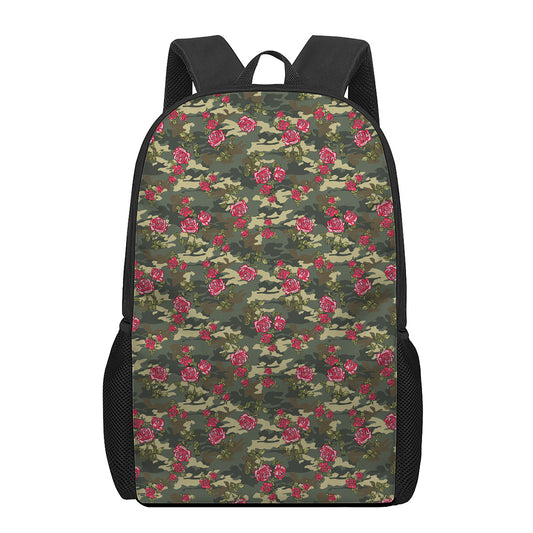 Red Rose Flower Camouflage Print 17 Inch Backpack