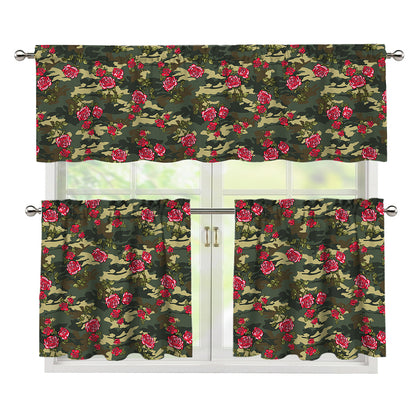 Red Rose Flower Camouflage Print 3 Piece Kitchen Curtains