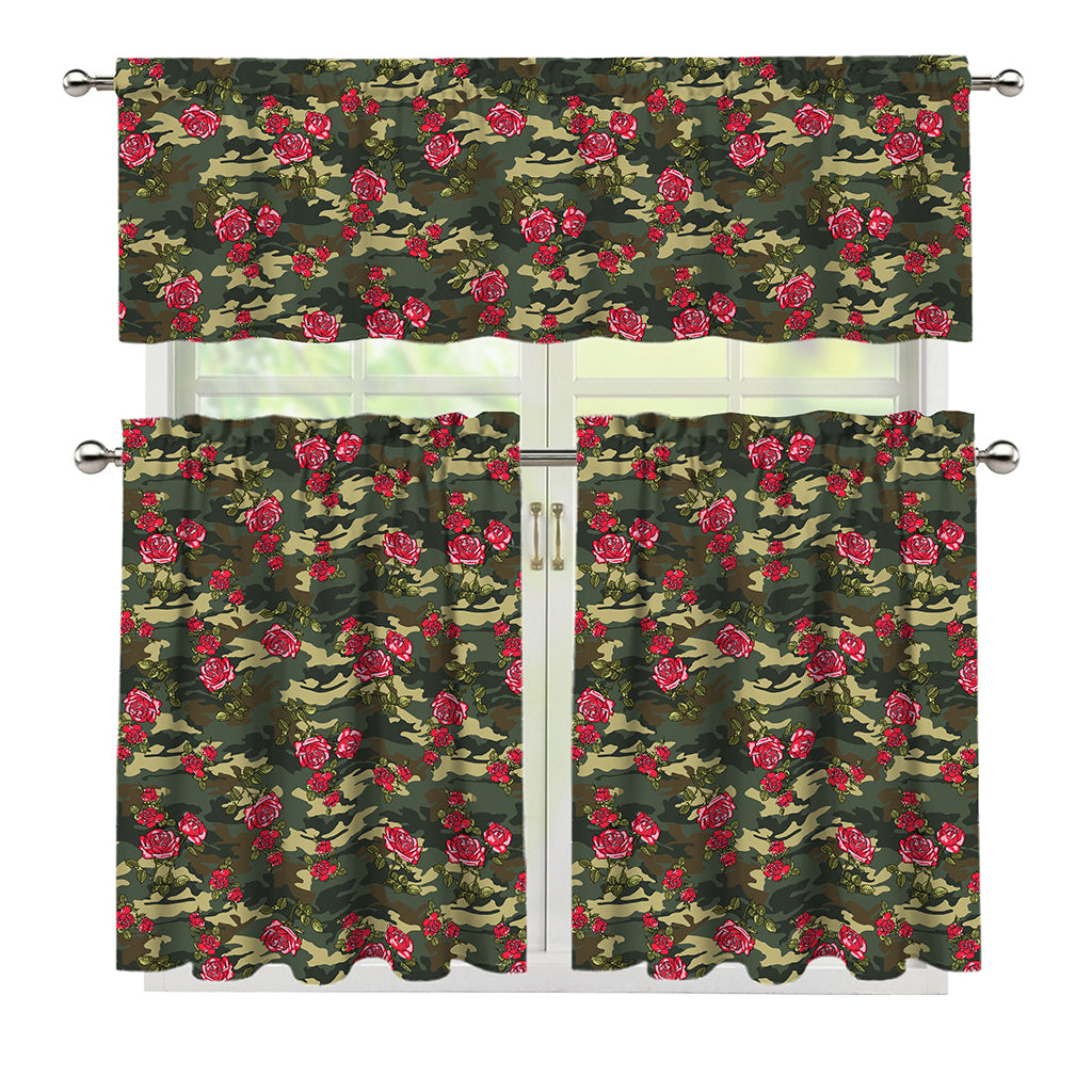 Red Rose Flower Camouflage Print 3 Piece Kitchen Curtains