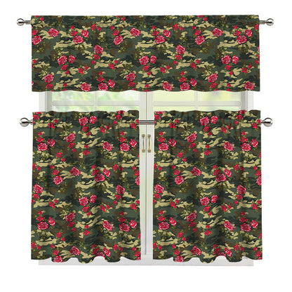 Red Rose Flower Camouflage Print 3 Piece Kitchen Curtains