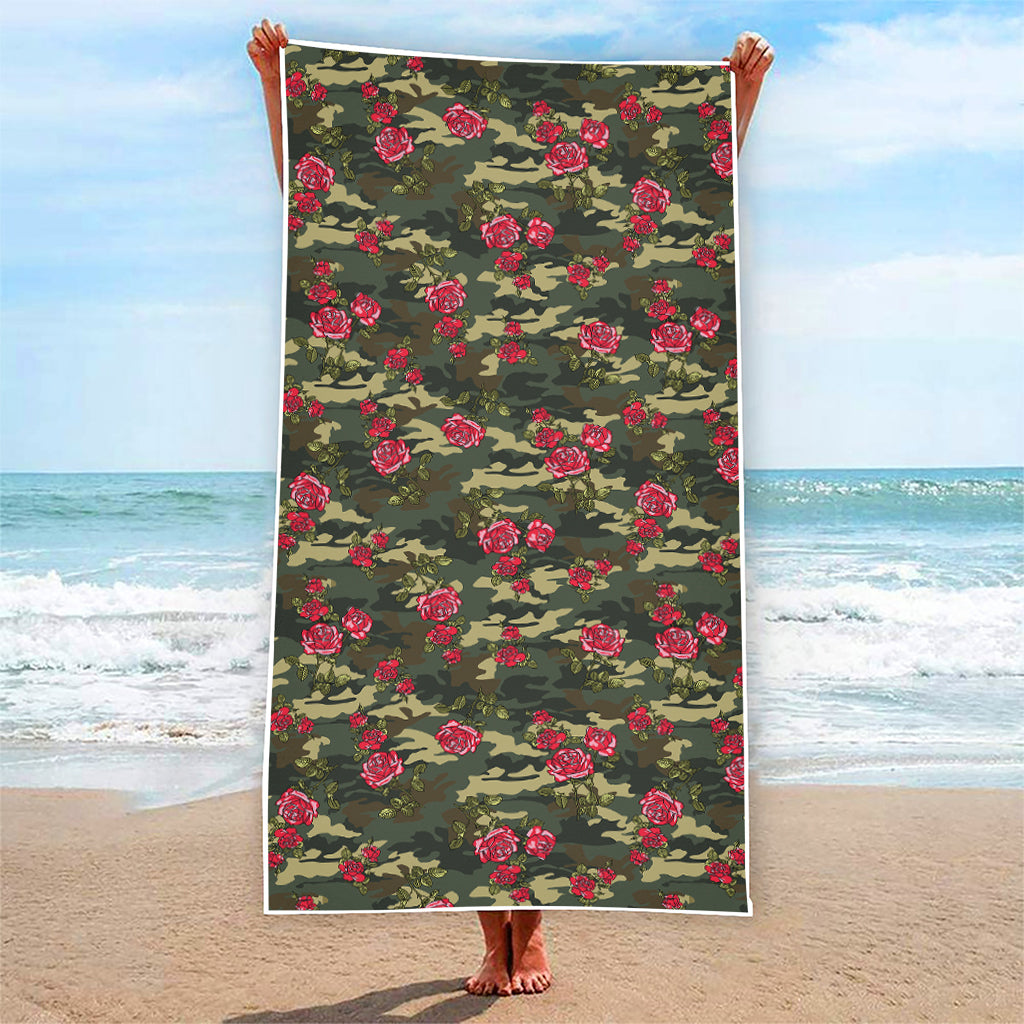 Red Rose Flower Camouflage Print Beach Towel