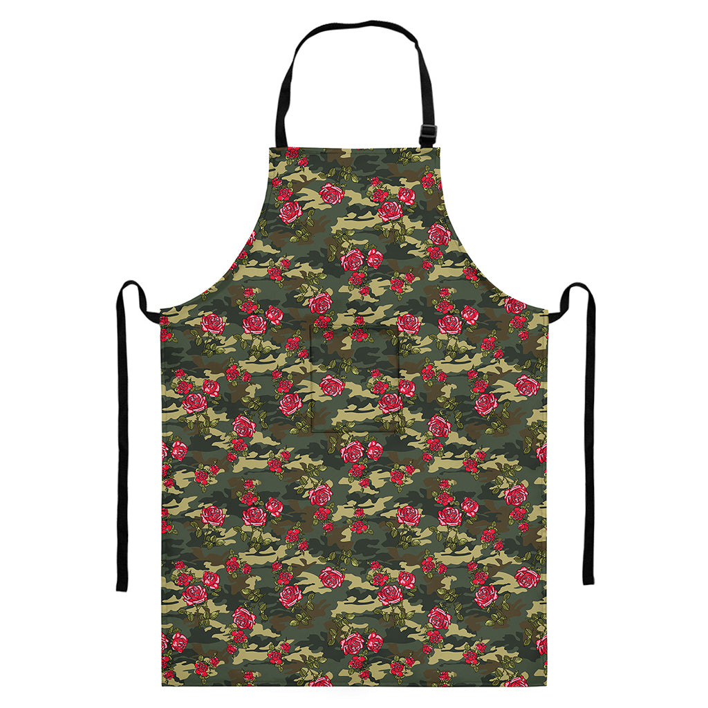 Red Rose Flower Camouflage Print Bib Apron With Pocket