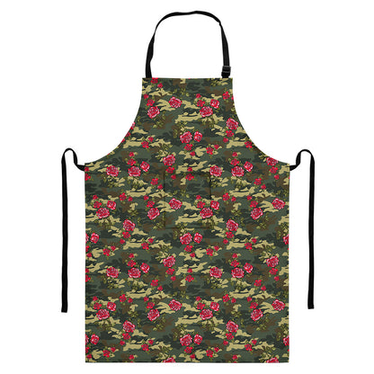 Red Rose Flower Camouflage Print Bib Apron With Pocket