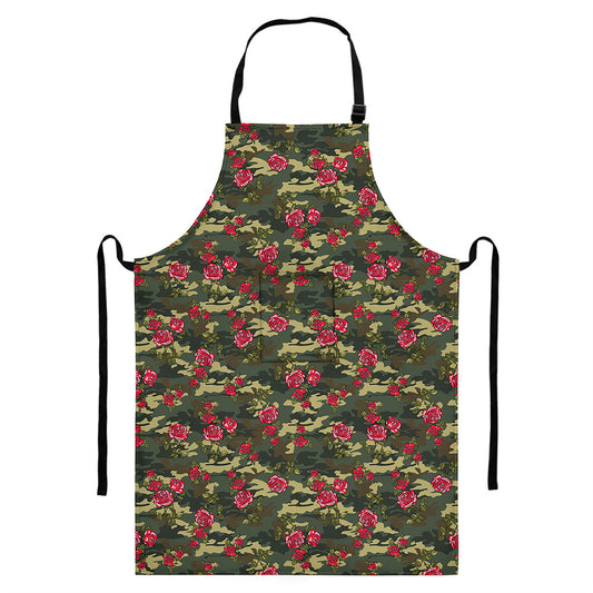 Red Rose Flower Camouflage Print Bib Apron With Pocket