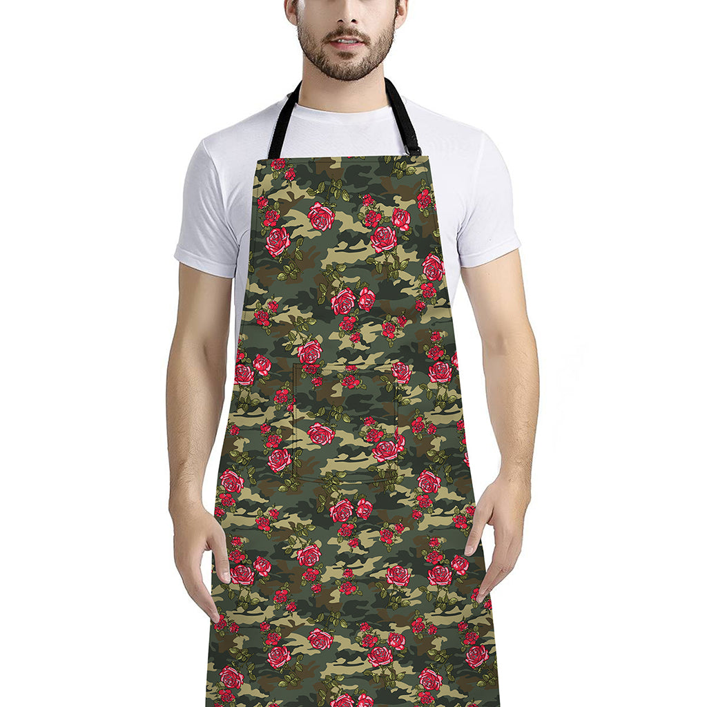 Red Rose Flower Camouflage Print Bib Apron With Pocket