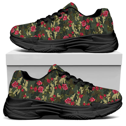 Red Rose Flower Camouflage Print Black Chunky Shoes