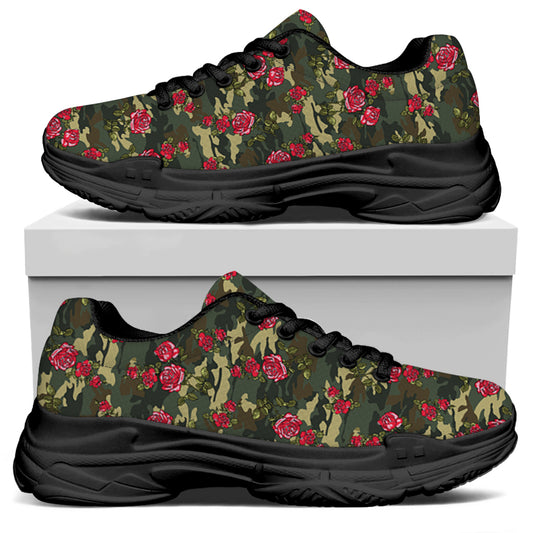 Red Rose Flower Camouflage Print Black Chunky Shoes