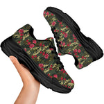 Red Rose Flower Camouflage Print Black Chunky Shoes