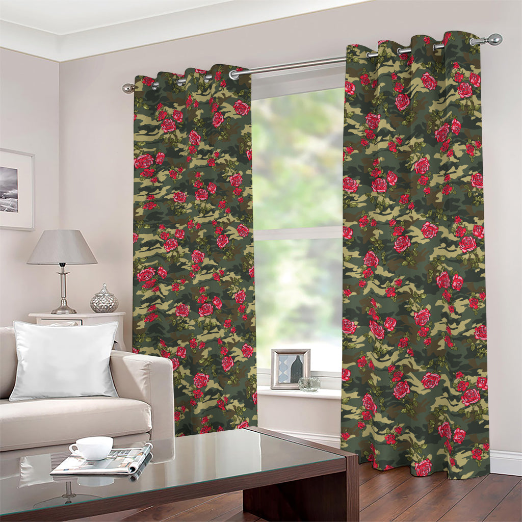 Red Rose Flower Camouflage Print Blackout Grommet Curtains
