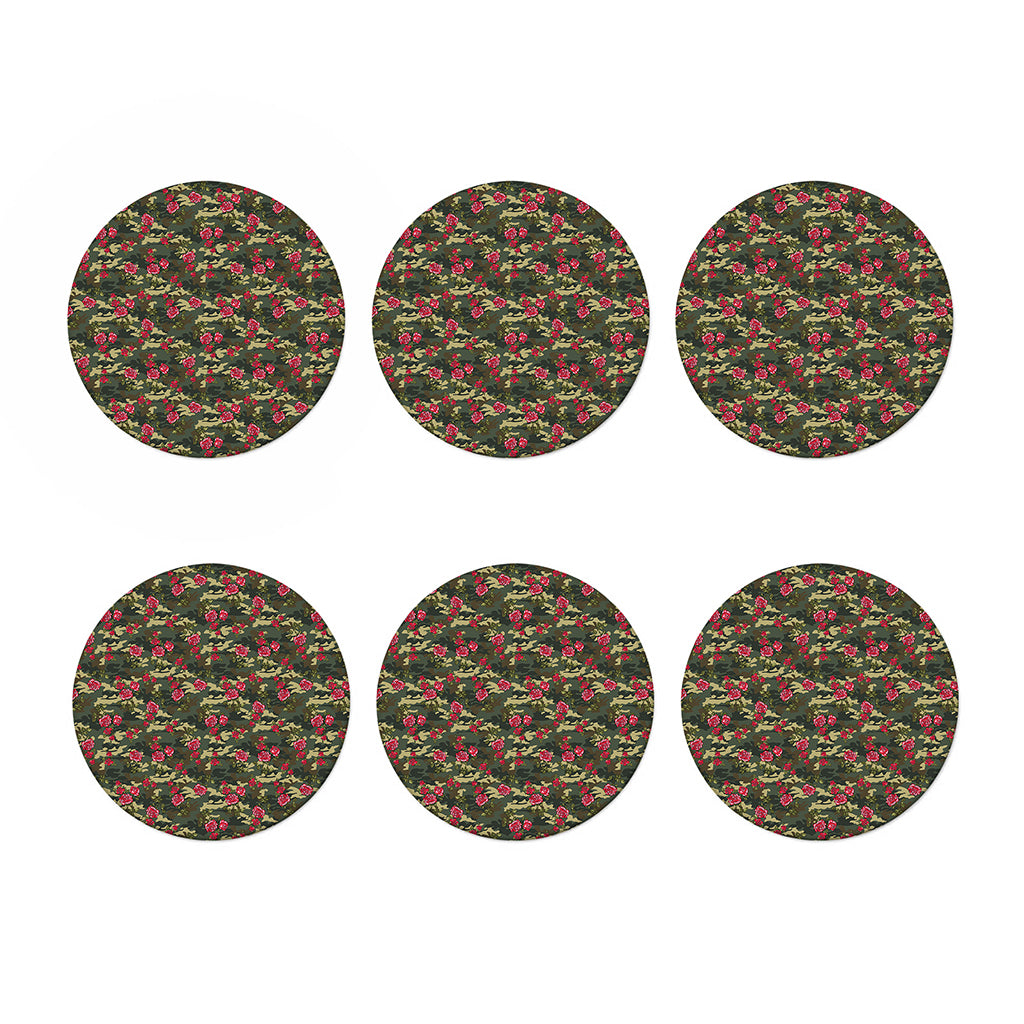 Red Rose Flower Camouflage Print Coaster Set