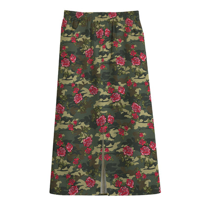 Red Rose Flower Camouflage Print Cotton Front Slit Maxi Skirt