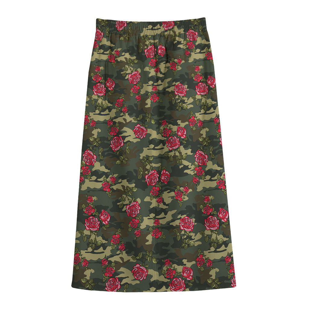 Red Rose Flower Camouflage Print Cotton Front Slit Maxi Skirt
