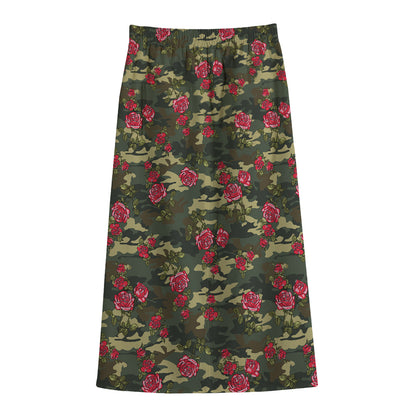 Red Rose Flower Camouflage Print Cotton Front Slit Maxi Skirt