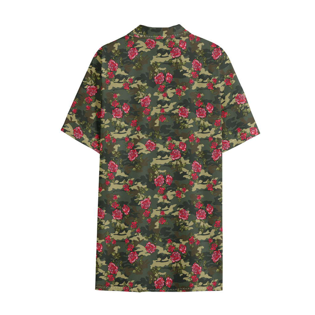 Red Rose Flower Camouflage Print Cotton Hawaiian Shirt
