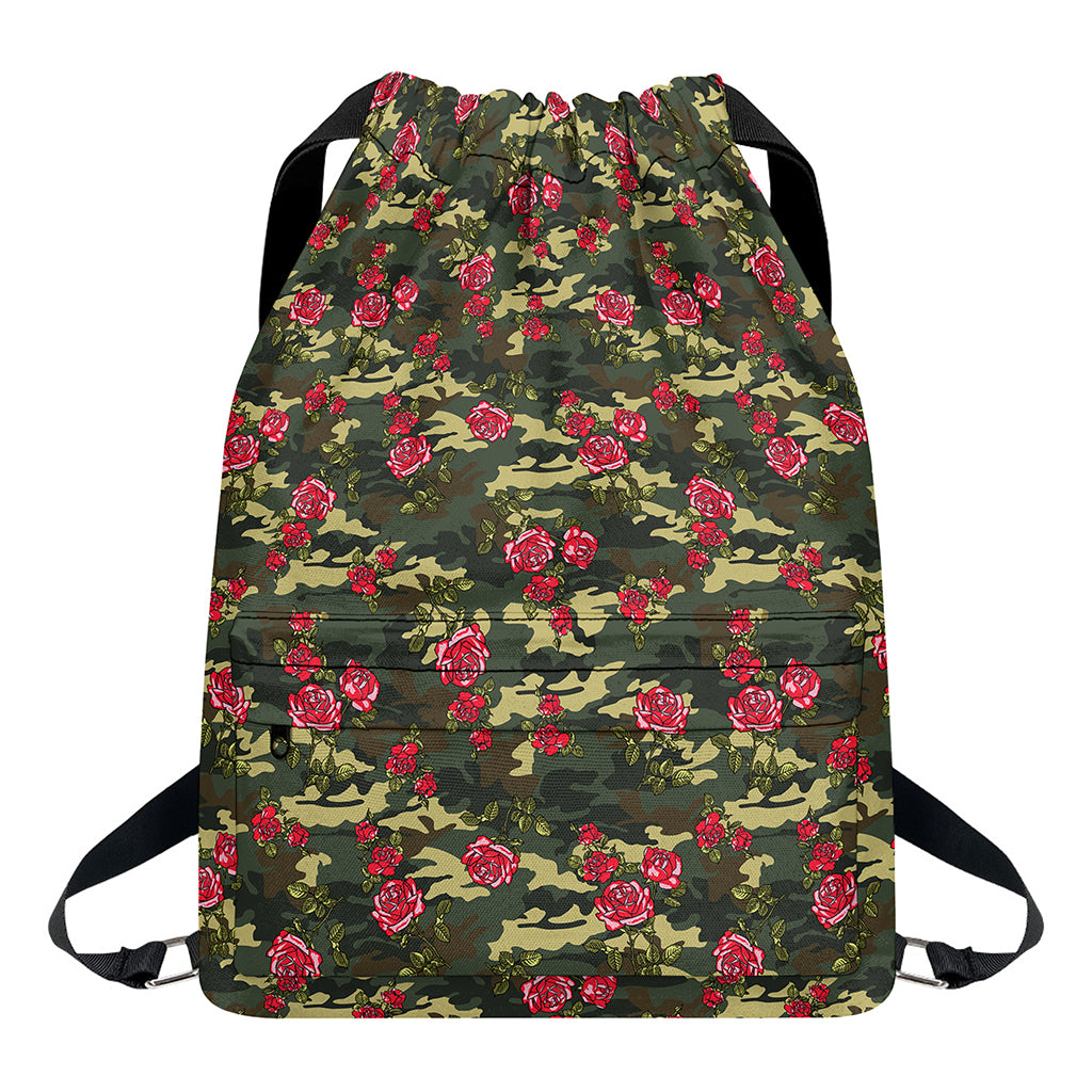 Red Rose Flower Camouflage Print Drawstring Backpack