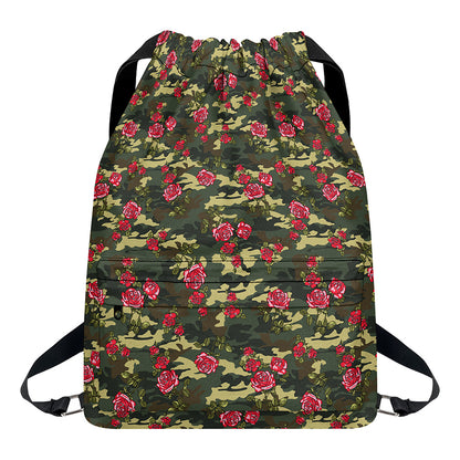 Red Rose Flower Camouflage Print Drawstring Backpack